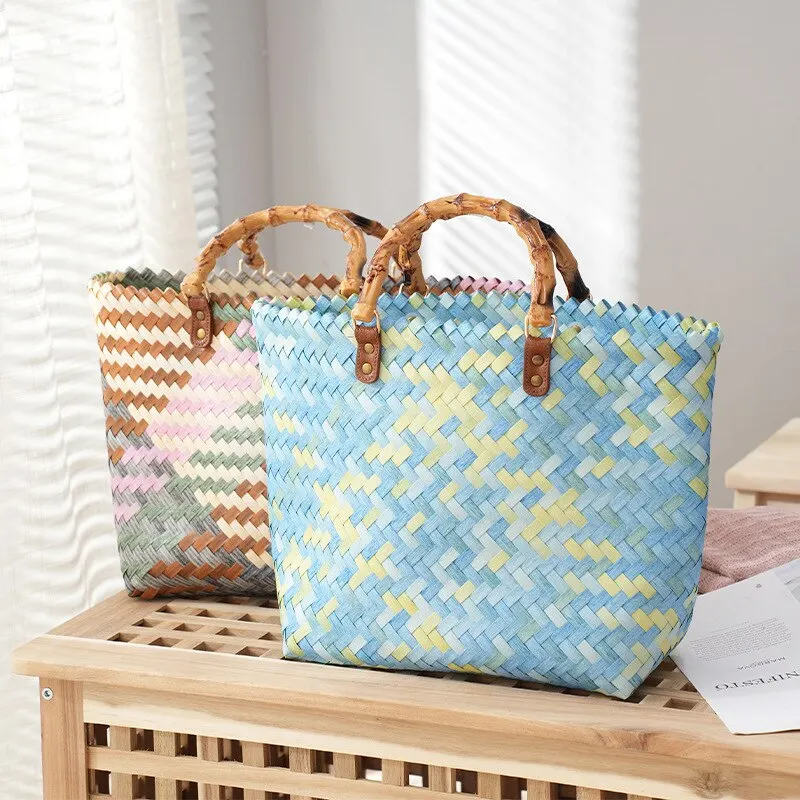Basket Bag Wicker - خمر الخيزران مقبض الروطان حقائب النساء
