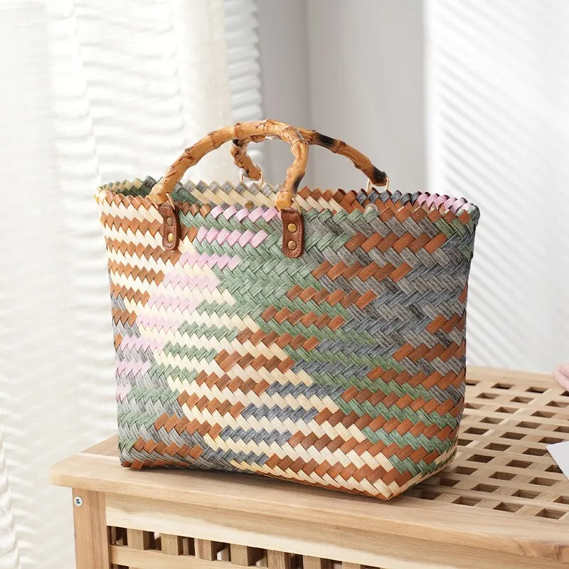 خمر الخيزران مقبض الروطان حقائ - مراجعة Basket Bag Wicker وسعره